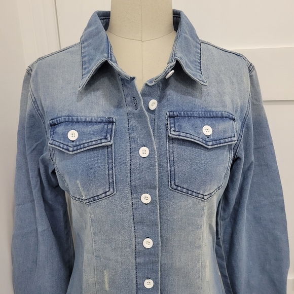MISSLOOK Women's Long Sleeve Pocket Buttoned Distressed Denim Shirt Dress Size M - Picture 9 of 11